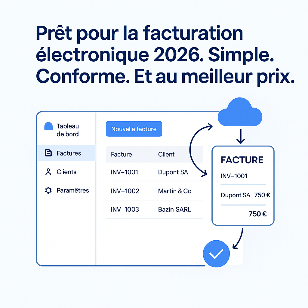 Interface de facturation électronique 2026 - Dashboard avec flux de création et transmission automatique des factures